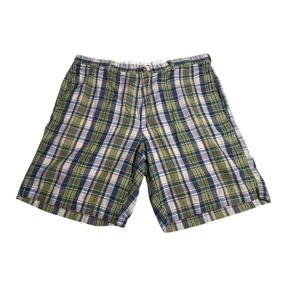 J. Crew Men's‎ Plaid Shorts Size 36 Green Blue Casual Flat Front